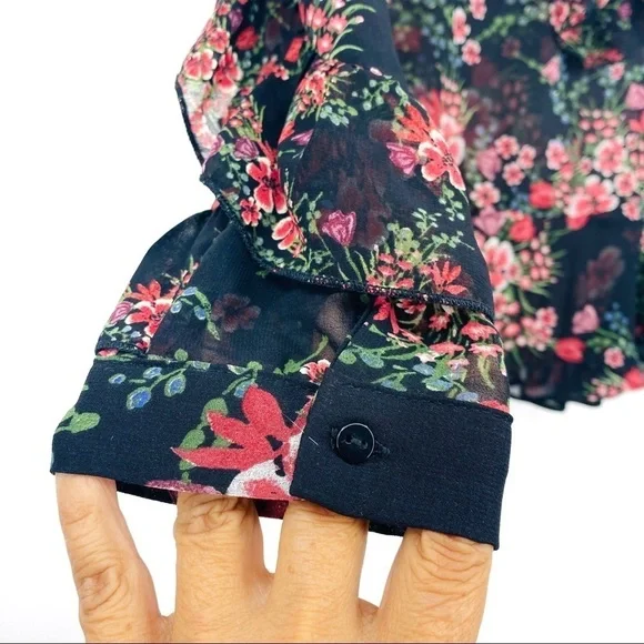 Zara Women Sheer Floral Long Sleeve Ruffled Layered Pink Black Cuffed Blouse SzM - Picture 11 of 15